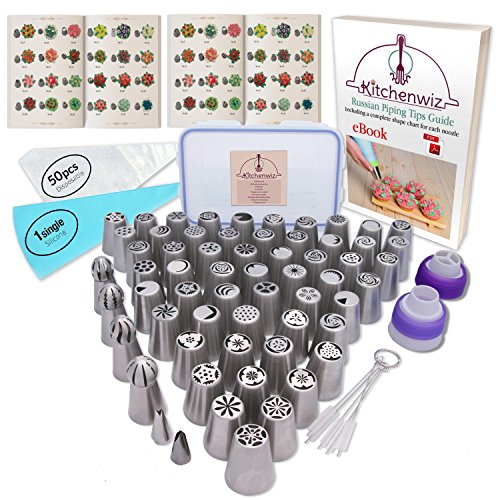 116 Russian Piping Tips Set Cake Decorations Kit Include 56 Icing Nozzles Piping,4 Sphere Ball Tips,2 leaf tips,50 Disposable Pastry Bags & Silicon Pastry Bag,Single & Tri Color Coupler,Cleaning Brush