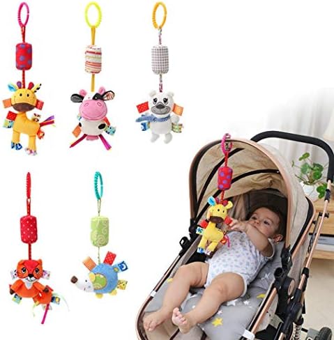 KOKOBUY Baby Rattle Hanging Toys, Washable Infant Stroller Toys with Cute Wind Chime and Plush Squeak Crib Toys for Baby