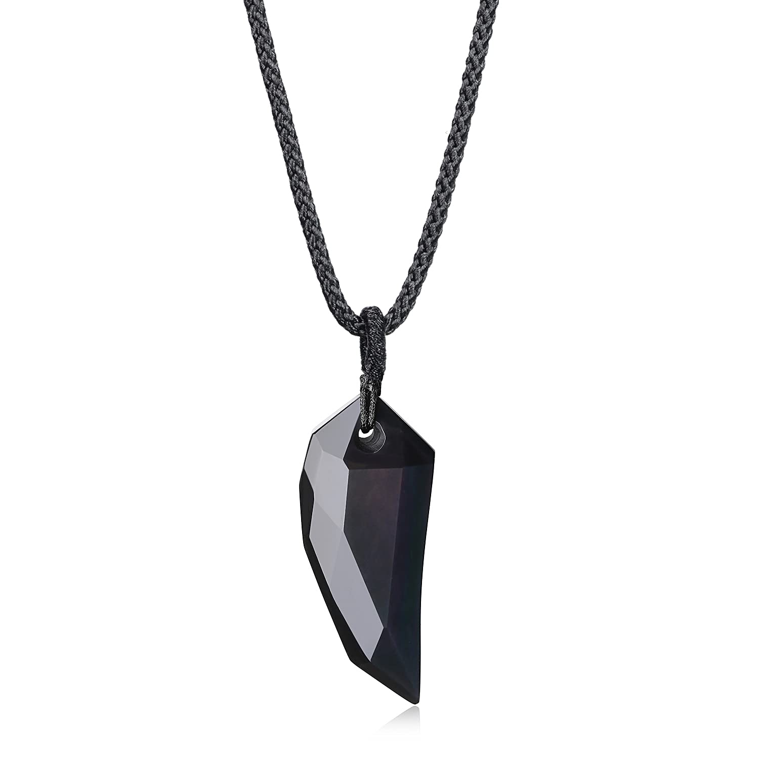 COAI Wolf Tooth Healing Crystal Necklace for Men, Faceted Black Obsidian Necklace for Men, Nylon Cord