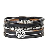 Jenia Black Geniune Leather Cuff Bracelet - Snowflake Alloy Beads and Crystal Bangle Handmade Jewelry for Ladies, Wife Gift - with Magnetic Buckle and Gift Box By