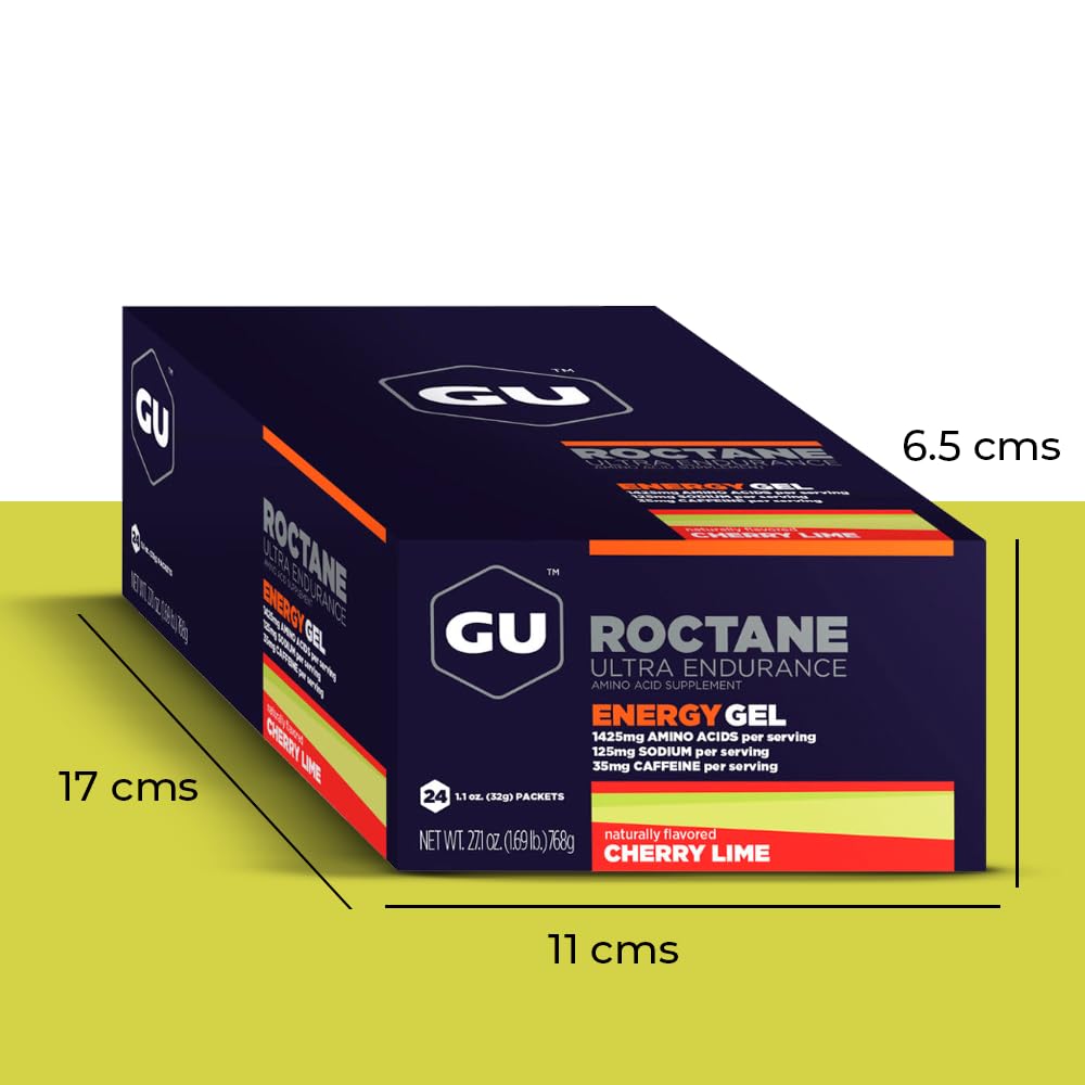 GU Energy Roctane Ultra Endurance Energy Gel, Vegan, Gluten-Free, Kosher, and Dairy-Free On-The-Go Sports Nutrition for Running, Biking, Hiking or Skiing, 24-Count, Cherry Lime