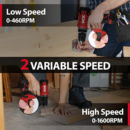 DCK Brushless Cordless Drill Set, 12V Cordless Drill with 2.0Ah Battery and Charger, 3/8’’ Keyless Chuck, 2 Variable Speeds, 20+1 Torque Power Tool Kit for Screw Wood/Ceramic/Tile/Metal (KDJZ23-10)