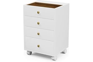 JANFLYHOME JanlyHome Under Desk Storage, Small Chest of 4 Drawers, Home Office Vertical File Cabinet with Glass Top, Mobile Printer Stand with Lockable Wheels for Home Office Study, White