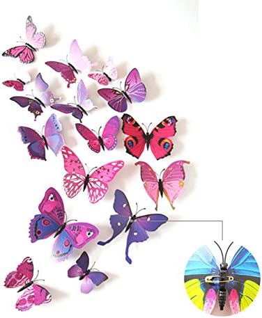 3D Butterfly Wall Sticker Crafts Butterflies with Magnetic、Sponge Gum and Pin Pack of 12 (Purple-Pin)