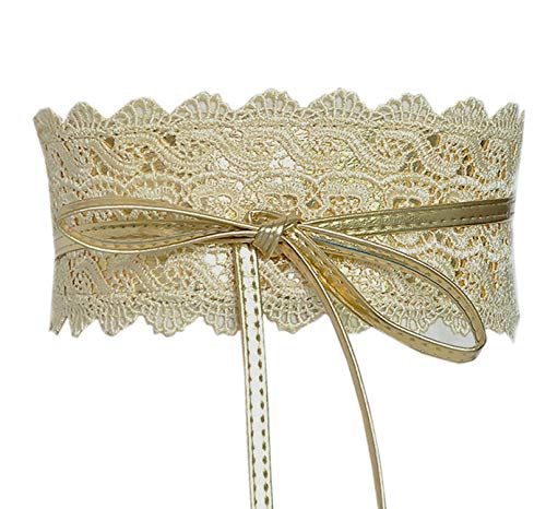 Women's Lace Belt Bow Tie Wrap Around Obi Waist Band Cincher Boho Soft PU Faux Leather For Dresses (Gold)