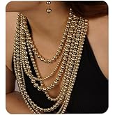 Chmier Multi-Layered Simulated Faux Pearl Strand Necklace and Earrings Set Gold Long Chunky Stacked Choker for Women
