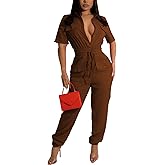 ZonJie Brown Sexy Jumpsuits for Women Summer Plus Size Short Sleeve Party Rompers Dressy Club Wide Leg Long Pants10923A-Medium