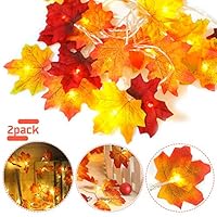 HZONE Thanksgiving Decorations Fall Garland 40 LED Maple Leaf String Lights, 3AA Battery Powered Autumn Decor Lighted Garland for Holiday Party Indoor Outdoor Thanksgiving Decor (2 Pack)