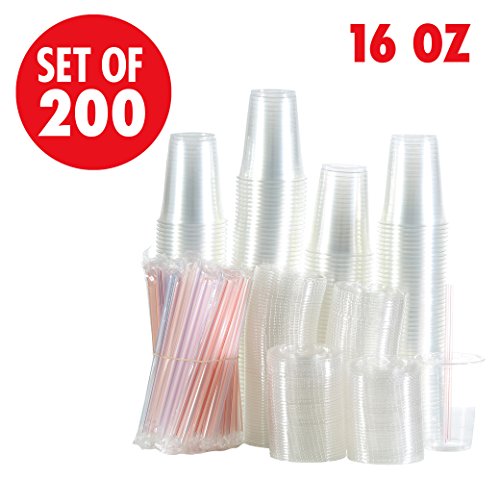 Set of 200 16oz Clear Plastic Cups with Flat Lids, Smoothie Wide Large Straw, Cold Smoothie Iced Coffee Cup with Lids, Great for Cocktail, Juice, Teas, Clear Frozen Drink Beverage (16oz, Flat)