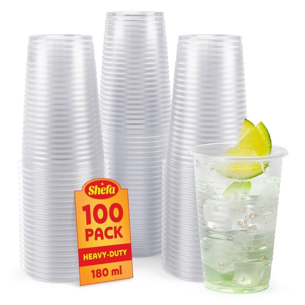 Shefa Clear Plastic Cups - 100-1000- 3000 ForParty for Beer, Water, & Juice, for Dessert & Cold Drinks - Slush & Milkshake and Cocktail Cups - 180ml, 100 Plastic Glasses