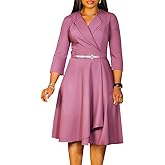 Elainone Women 3/4 Sleeve Casual Swing Flared A Line Dress Wedding Guest Semi Formal Office Work Dresses with Belt