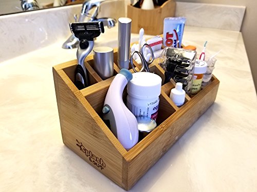 Small Multifunctional Bamboo Organizer | Desk Caddy | Home Office Accessory Tray | School Art Supply Holder | Pen Pencil Brush Compartment | Kitchen Bathroom Countertop Storage by SplashSoup