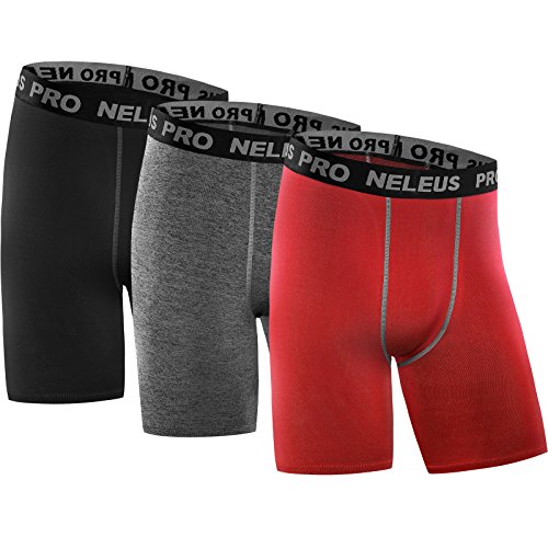 Neleus Men's 3 Pack Performance Compression Shorts,146,Black,Grey,Red,Medium