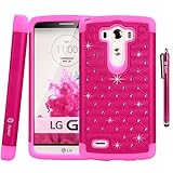 LG G3 Case, LG G3 Bling Case - Style4U LG G3 Studded Rhinestone Crystal Bling Hybrid Armor Case Cover for LG G3 with 1 HD Screen Protector and 1 Stylus [Hot Pink / Hot Pink]