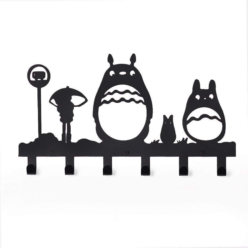 CoolPlus Coat Hooks Wall Mounted Entryway Dog Leash and Key Holder Belt and Hat Organizer Totoro Pattern Sweet Black