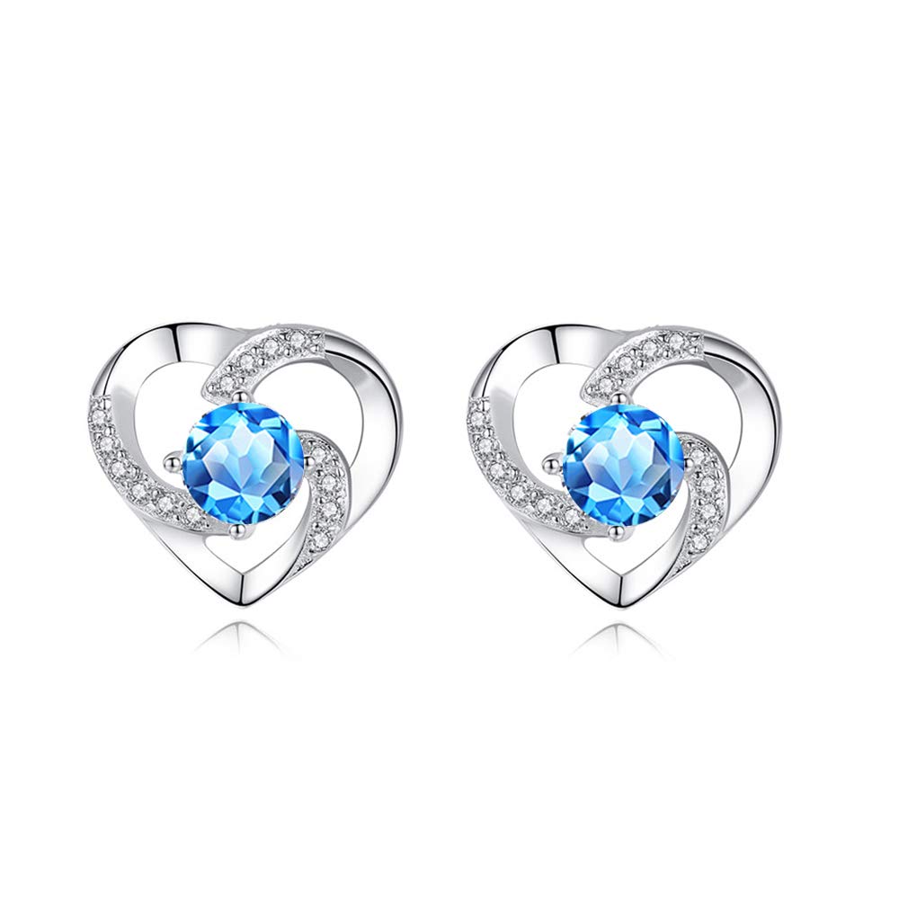 wynn's Silver Stud Earrings for Women, 925 Sterling Silver Heart Studs Earrings,13mm Stud Earring with Blue Cubic Zirconia, Hypoallergenic Small Slepper Studs