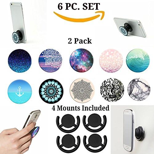 6 PC. Phone Grip Set 2 Pack Tablet Cell Pop Up Finger Holder 4 Bonus Universal Hands Free Mount To Use Anywhere Car Office kitchen Bed etc Expanding Stand and Earphone Wrap (Anchor Ocean)