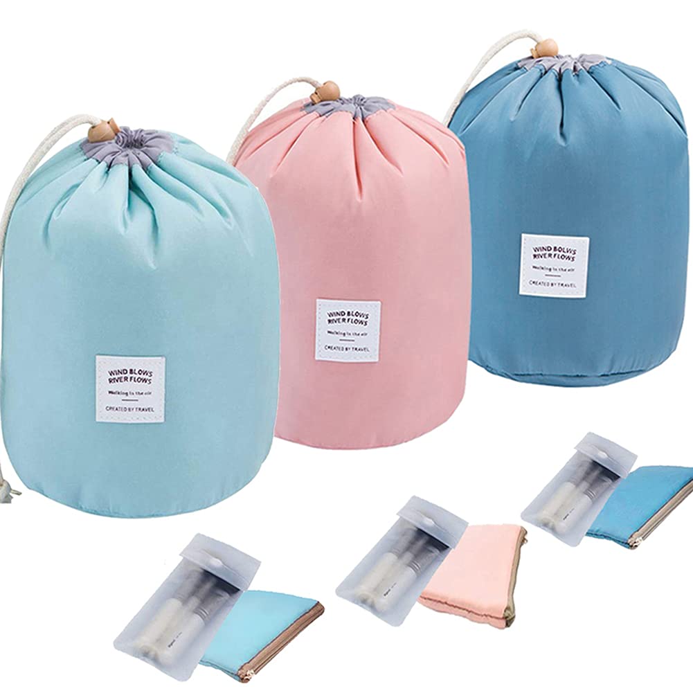 Makeup Bags Portable Drawstring Cosmetic Bag for Women Foldable Large Travel Toiletry Organizer Bag,Drawstring Cosmetic Bag(Pink+Green+Blue) — image 1