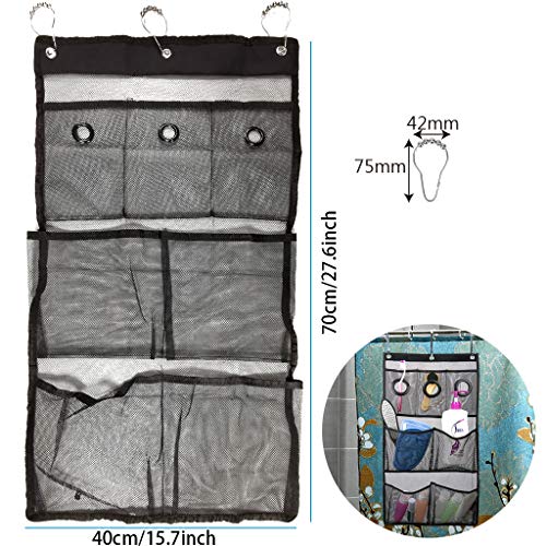 HuiDao Bath Hanging Caddy Shower Hanging Organizer 7 Quick Dry Mesh Pockets Storage Bag with 3 Ring Hooks for Hanging On Bathroom Curtain Rod, 27.5x15.7 Inch (Black)