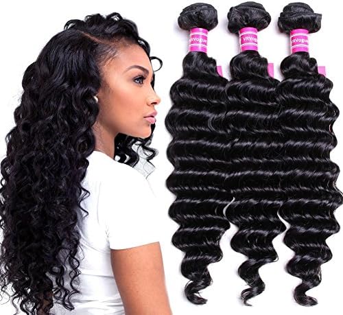 VRVOGUE (16" 16" 16") Bundles Human Hair Brazilian Deep Wave Bundles 100% Unprocessed Natural Color Brazilian Virgin Human Hair Weave Extensions (16" 16" 16")