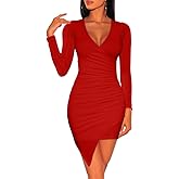 ZileZile Women's Sexy Bodycon Long Sleeve Ruched Deep V Neck Wrap Club Mini Dress