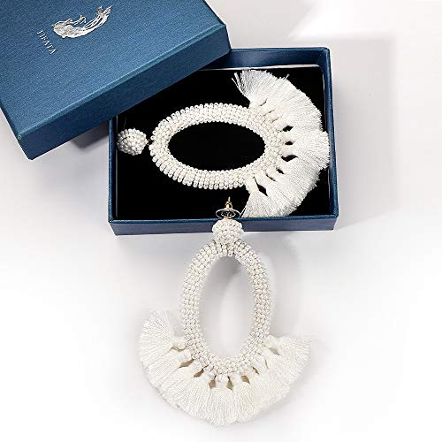 Women's Beaded Tassel Earrings Long Fringe Drop Bohemian Earings Dangle 7 Colors (Bead-White)