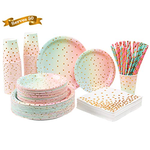 250PCS Colorful Paper Party Supplies - ENUOSUMA Disposable Paper Plates Tableware Set Include 50 Dinner Plates 50 Dessert Plates 50 Cups 50 Napkins 50 Straws For Birthday Party Wedding Baby Shower