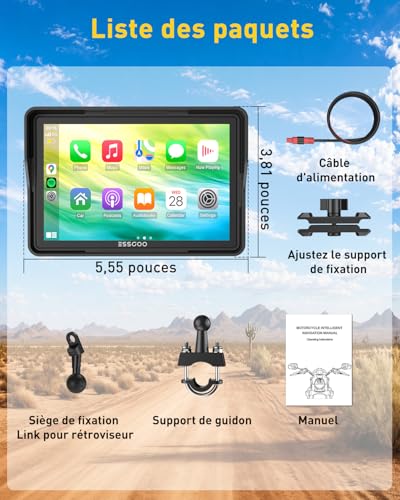 ESSGOO CarPlay Moto 5" Écran Tactile IPS avec CarPlay & Android Auto sans Fil, GPS Moto Étanche, Musique Bluetooth, Navigation, Support Siri, Installation & Démontage Faciles