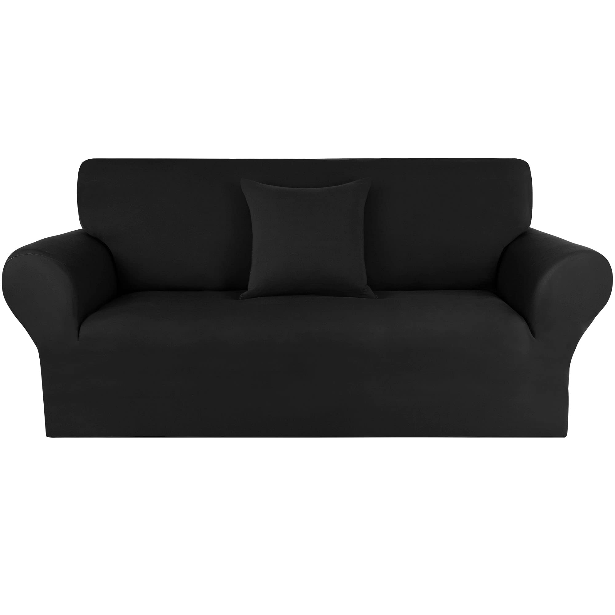PiccoCasa Stretch Sofa Covers 2 Seater, 1- Piece Black Loveseat Spandex Elastic Sofa Slipcovers for Universal Couch with 1 Cushion Cover, Washable Soft Couch Furniture Covers for Dogs