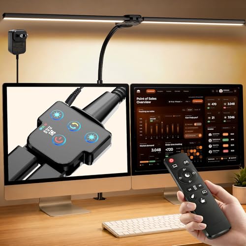 Lampara de Escritorio LED con Control Remoto, 1800LM Luz Escritorio Doble Cabezal Ultra Ancha, 5 Temperaturas Color y 5 Brillos, Lámpara Mesa con Pinza para Monitor, Oficina, Estudio, Lectura y Gaming