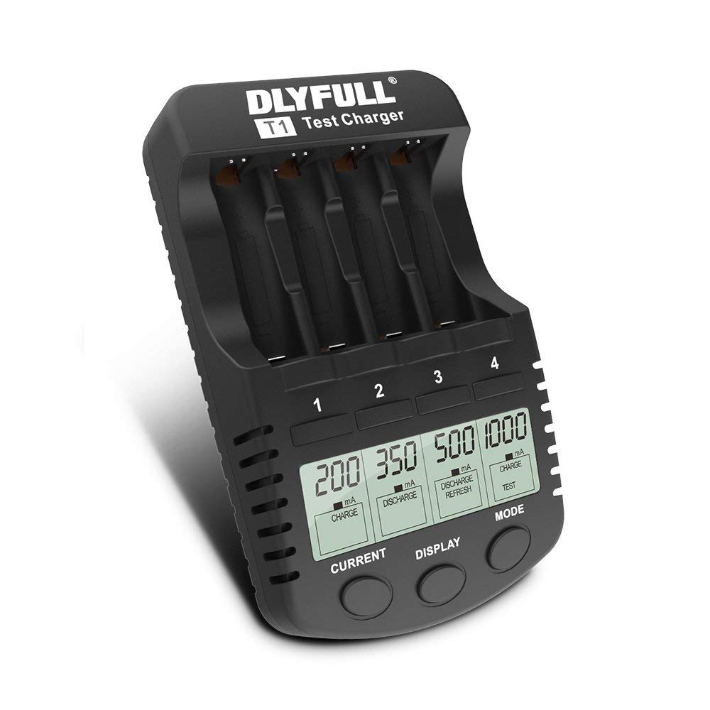 Dlyfull Smart AA and AAA Battery Charger with LCD Display, 4 Bays Speedy Charger with AC Wall Adapter for NiMH/NiCd Rechargeable Batteries