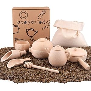 Wooden Sensory Bin Tools, Montessori Toys for Toddlers, Waldorf Toys, Sensory Toys, Set of 7 Wooden Scoops and Tongs for…