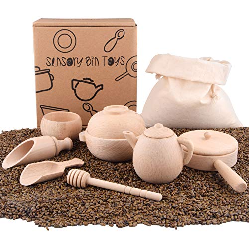 Wooden Sensory Bin Tools, Montessori Toys for Toddlers, Waldorf Toys, Sensory Toys, Set of 7 Wooden Scoops and Tongs for…