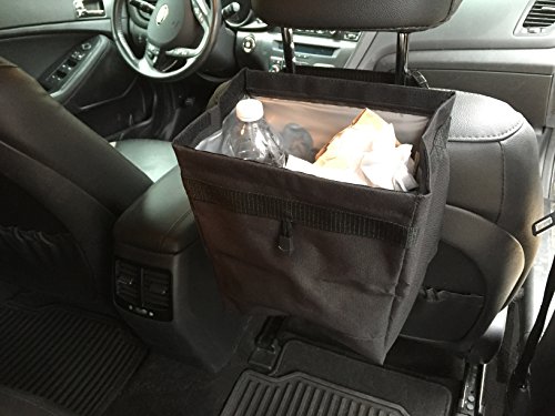 MAXSA Waterproof, leakproof Car Trash bin with Velcro closure to eliminate odors, mounts on headrest or armrest, litter locker, black, 21520