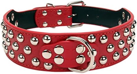 AOLOVE 3 Rows Mushrooms Rivet Studded Metals Buckle D-Ring Adjustable Leather Pet Collar for Medium Large Dogs