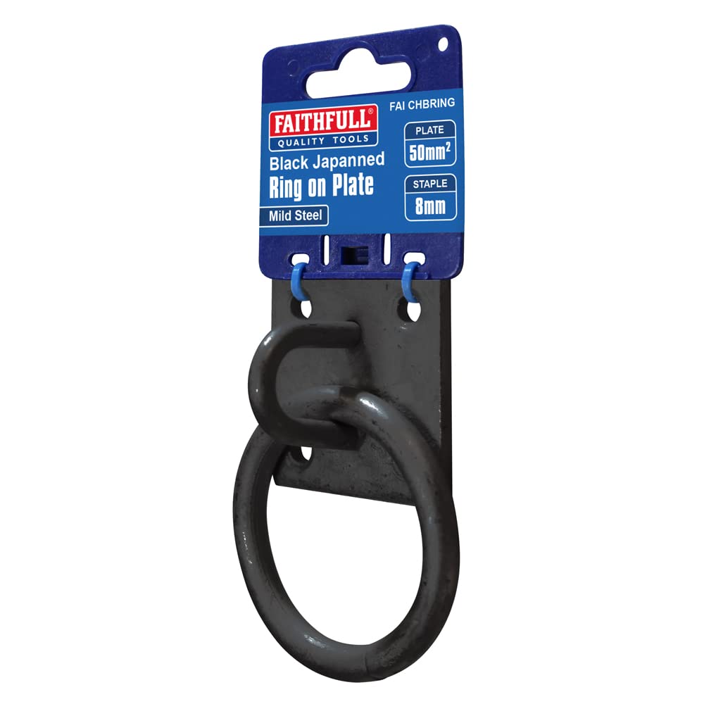 Faithfull 8mm Ring on Plate – Black Japanned Steel Rope Bracket with Pre-Drilled Base (50 x 50mm) for Trailers, Bikes, Hammocks & Washing Lines