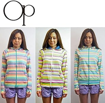 Amazon オーピー Op レディース 長袖 ボーダー ラッシュガード 524 480 Uvカット 手の甲までしっかりガード 日焼け防止 クラゲ対策 体型カバー パーカー フード付き 吸汗 速乾 海 プール 海水浴 フェス 野外 コンサート ジップアップ Upf50 サーフブランド