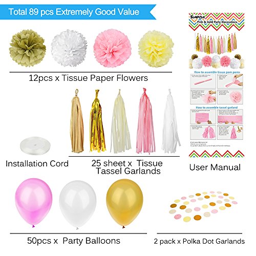 89 pcs Gold Pink Party Decorations Kit SIMPZIA Party Supplies Including Paper Pom Poms Flowers & Tissue Tassel Garland & Party Balloons for Birthday Party, Engagement, Wedding, Baby showe