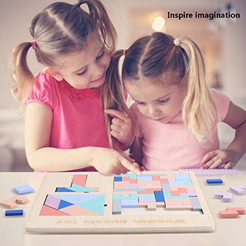 GEMEM 3 in 1 Wooden Tetris Puzzle Brain Teasers Toy Tangram Blocks T Jigsaw Game Intelligence Educational Toys for Children and Adults 51 Pieces