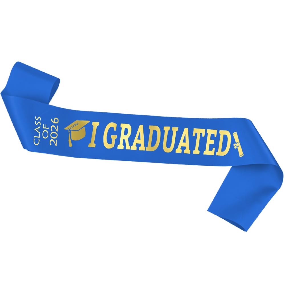 Topfunyy 2026 Graduation Sash Gold Glitter Letter “I Graduated” Blue Stain Sash for 2026 Graduation Party Supplies