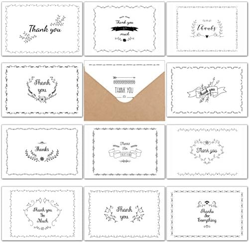 Thank You Cards Pack 60 with Brown Kraft Paper Envelopes - 12 Elegant Handwritten Designs - 60 Note Cards - 4 x 6 inches - Bulk Box - Quality Thank You Greeting Cards for Business, Graduation, Wedding