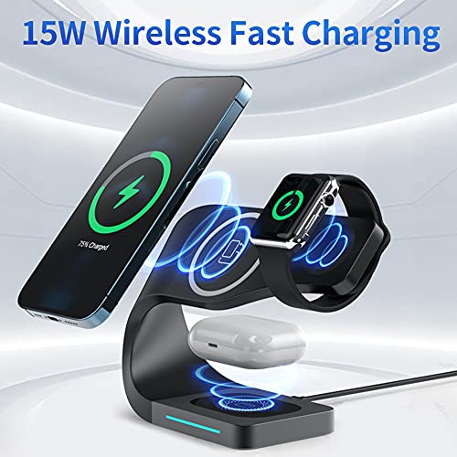 3 in 1 Magnetic Wireless Charger Station 15W for iPhone 13/12, 13/12 Pro, 13/12 Pro Max, 13/12 Mini,Qi Fast Charging Induction Chargers for Apple iWatch 7/SE/6/5/4/3/2 Airpods 2/Pro