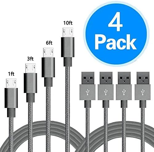 Micro USB Cable, Daker 4Pack 1FT 3FT 6FT 10FT Nylon Braided High Speed Tangle-Free Micro USB Charging Cable Cord Android USB charger for Samsung Galaxy S7 Edge/S6/S5,Note 5,LG,Nexus,HTC,Tablet (Grey)