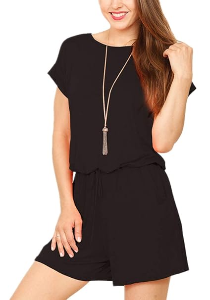 Poulax Womens Summer Short Sleeve Loose Jumpsuit Casual Elastic Waist Beach Cover Ups Jumpsuit Rompers With Pockets