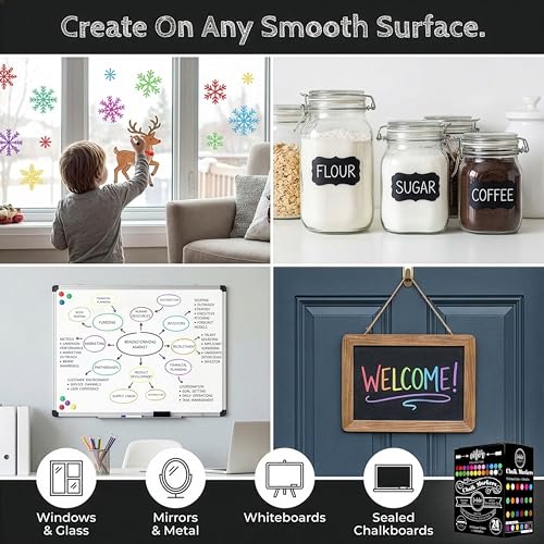 Loddie Doddie Chalk Markers - Pack of 24, 6mm Reversible Tips - Liquid Chalk Pens for Glass Surfaces & Windows - Erasable Pens for Chalkboard Calendar - Non-Toxic Chalkboard Markers