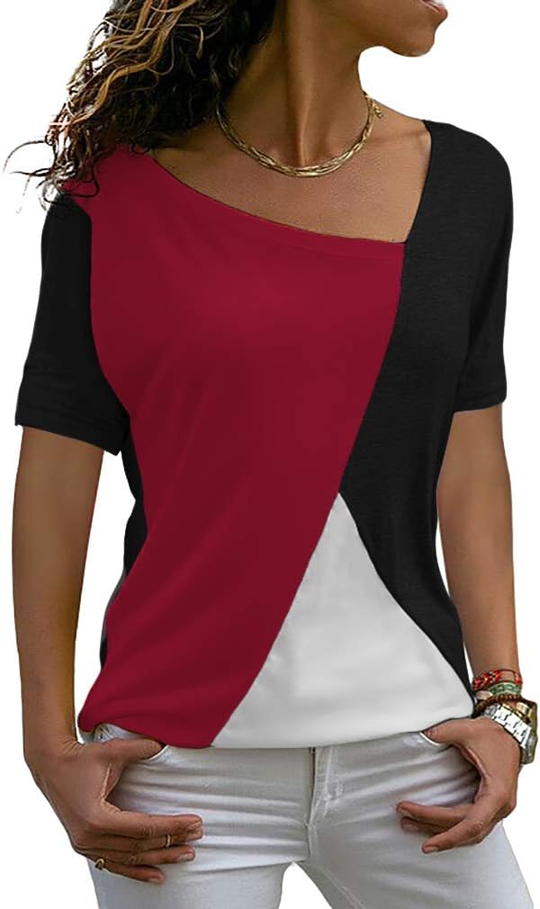 Sarin MathewsWomens Shirts Casual Tee Shirts Short Sleeve Patchwork Color Block Loose Fits Tunic Tops Blouses