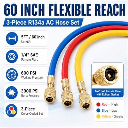 3Pcs R134a AC Manifold Gauge Hose Kit 60 Inch photo 10