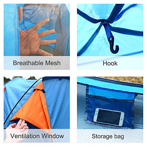 STAR HOME Pop Up Tent 3-4 Person Automatic Tent for Camping Double Layers Waterproof Family Tents Dual Doors & Tow Font Hall Sun Shelter Outdoor Sports(Blue)