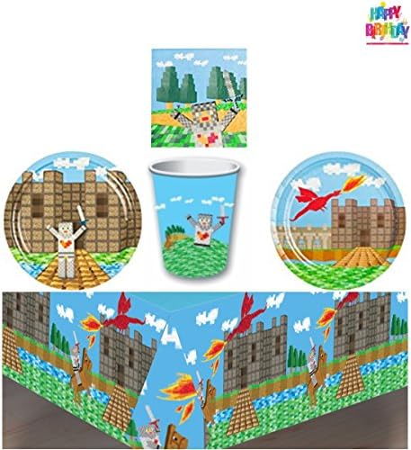 Mining Pixel World Mine Birthday Party Supplies Pack for 8, Set Includes: Lunch Plates, Dessert Plates, Napkins, Cups, Table Cover, and 1 HeyDays Happy Birthday Tattoo