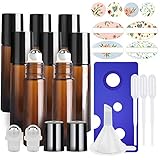 8 Pack, HwaShin 10 ml Amber Glass Roll on Bottles, Essential Oil Roller Bottles with Stainless Steel Roller Balls(1 Opener, 1 Funnel, 3 Droppers,2 Extra Roller Balls & 12 Pieces Labels Included)